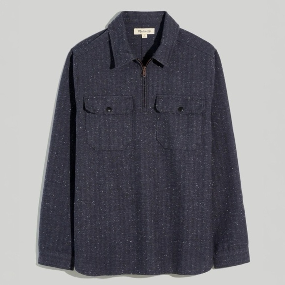 NWT MADEWELL Quarter Zip Popover Shirt Size XS Dark Grey Herringbone Stripe